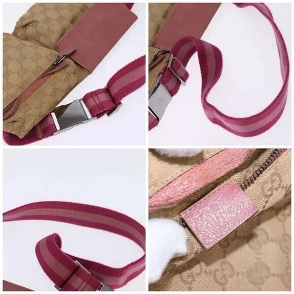 GUCCI GG Canvas Sherry Line Waist Bag Beige Pink Silver 28566 Auth 144532